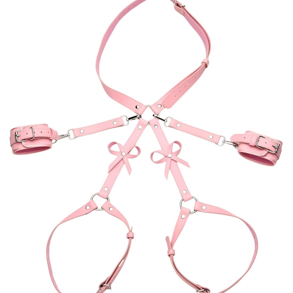 Bondage Pink Faux Leather Bow Harness Set w Leg Garters & Wrist Cuffs Adjustable